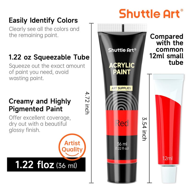 Shuttle Art مجموعة ألوان أكريليك شاتل آرت 30 لون، أنابيب 36 مل مع 3 فرش، طلاء أكريليك بدرجة فنية، للأطفال والبالغين والمبتدئين، للرسم على الحرف، القماش، الخشب، والصخور - Image 3